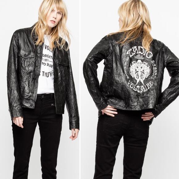 Zadig & Voltaire Kase Lambskin Crinkled Leather Coat Button Down Jacket Small - Picture 1 of 9